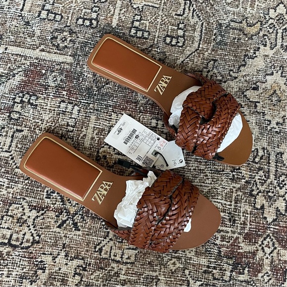 NWT Zara Leather Braided Woven Knot Sandals in Cognac Brown - 6.5 - Picture 5 of 8